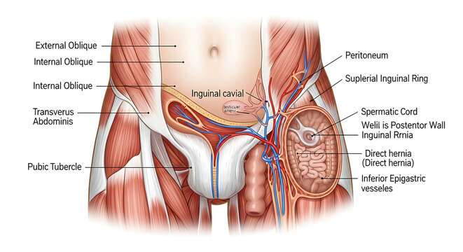 Detailed anatomical illustration of the human inguinal canal and surrounding structures.