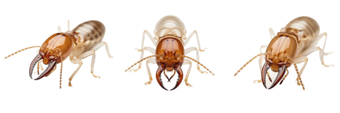 Termite soldier Isoptera isolated on white background, human-associated insect, wood pest, soldier caste with visible jaws, macro photography, detailed close-up, insect extreme macro, termite extreme 