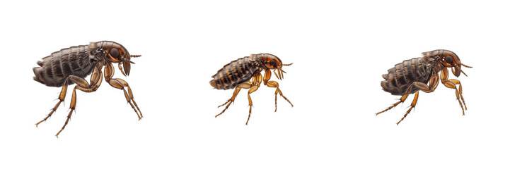 Flea Siphonaptera isolated on white background, jumping pose, frozen action, human- and pet-associated parasite, macro photography, insect extreme detail, flea extreme macro, Siphonaptera species © PindiBoys