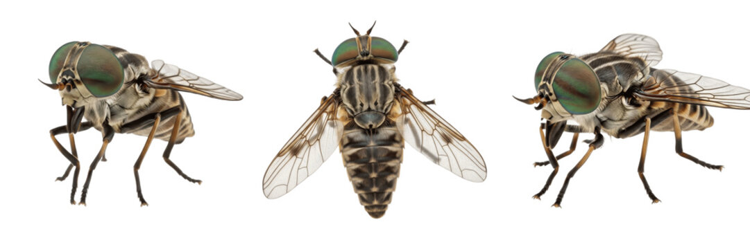 Horsefly Tabanus isolated on white background, detailed compound eyes, human- and animal-associated blood-feeding insect, macro photography, insect extreme macro, close-up, Tabanidae species, horsefly
