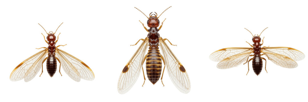 Termite winged alate Isoptera isolated on white background, reproductive caste, human-associated pest, macro photography, close-up, insect extreme detail, alate termite macro, Isoptera species