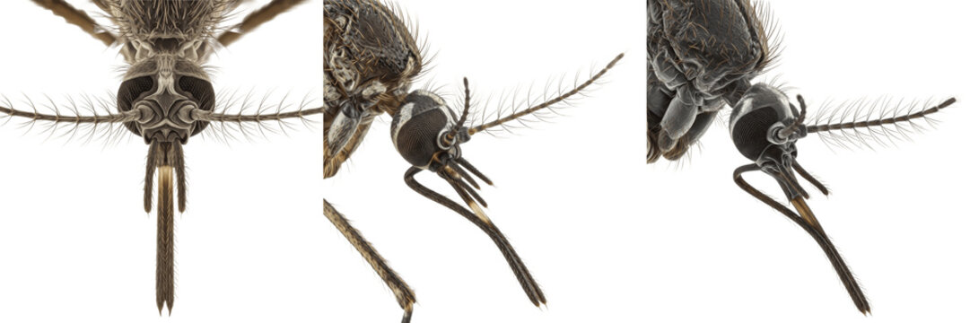 Mosquito proboscis detail isolated on white background, extreme macro photography, human- and animal-associated insect, Culicidae species, mosquito feeding organ, insect extreme detail, mosquito macro