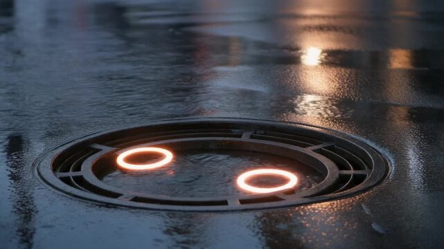 Manhole Cover with Glowing Eyes on Wet Road.