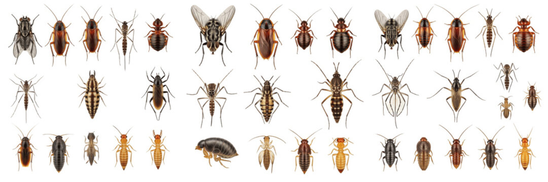 Human-related pest insects assortment isolated on white background, scientific reference style, lice, fleas, bed bugs, mosquitoes, cockroaches, macro photography, extreme detail, entomology study, ins