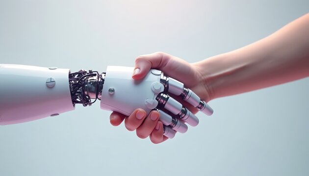 Robot hand and human hand shake. Futuristic partnership concept with advanced tech and machine collaboration for future progress. AI interaction between person and robot.