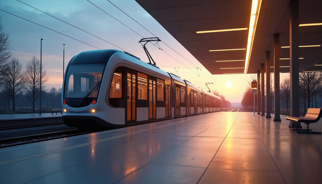 Modern electric tram awaits at a clean station platform during a soft sunset. Its sleek design suggests futuristic public transit. The empty platform offers a peaceful commuter scene.