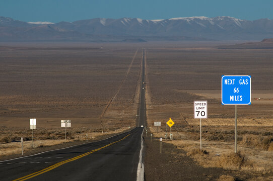 USA, Nevada, Denio Junction.  Dry and desolate, Highway 140 heading west.