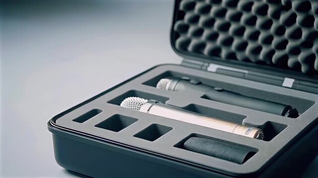 hands lift case lid revealing microphone in precision foam insert promotional showcase shot with minimalist lighting, clean packaging design, snug compartments, closeup detail for demo
