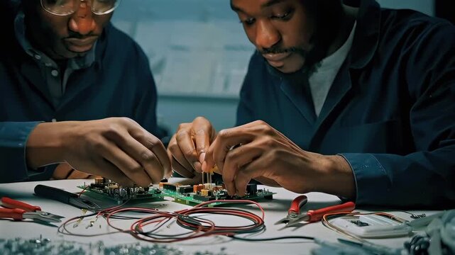 closeup hands assembling circuit board on workbench, collaboration between technicians, scattered components and red wires, lowkey lighting, precision soldering, multimeter testing,