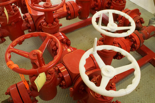 Canada, BC, Fort Saint John.  Natural gas pipeline compressor facility.  Valves and connectors.