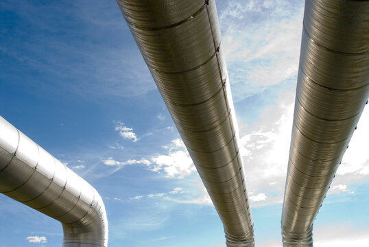 Canada, Alberta, Peace River. Above ground natural gas pipelines at compressor station..