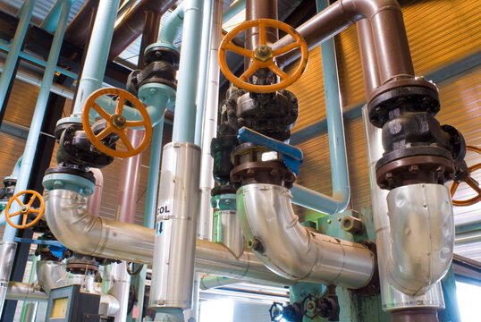 Canada, Alberta, Lloydminster.  Valves and pipes in a natural gas compressor station.