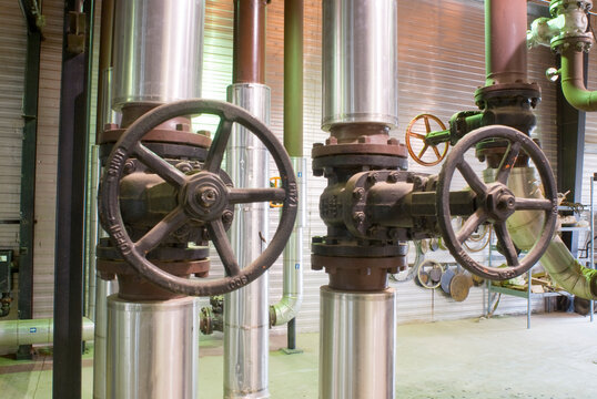 Canada, Alberta, Lloydminster.  Valves and pipes in a natural gas compressor station.