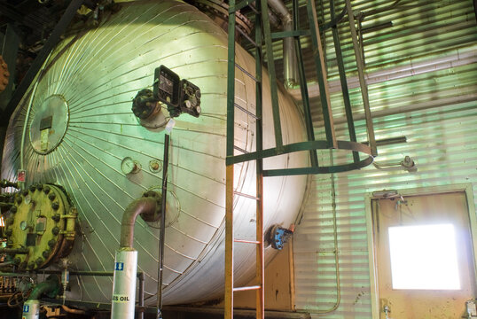 Canada, Alberta, Lloydminster.  Architectural detail of a natural gas compressor station interior..