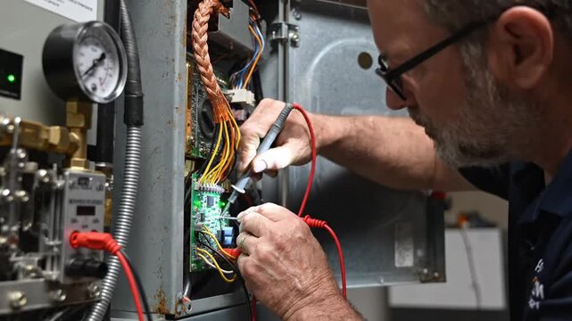 Technician testing and repairing an electronic control board inside industrial equipment using a multimeter, representing electrical maintenance, engineering work, and technical troubleshooting.