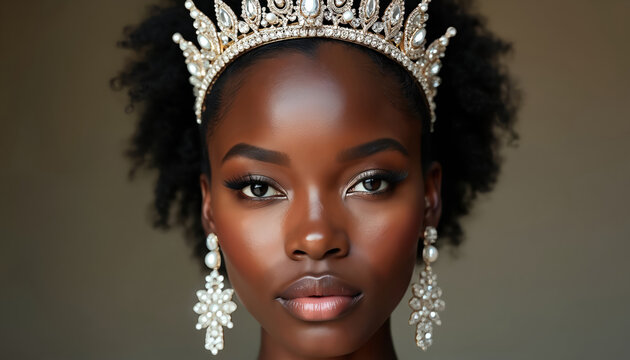 Dark skinned woman wears sparkling crown and pearl earrings. Elegant female looks forward, studio portrait. Regal beauty with flawless makeup and sophisticated style.