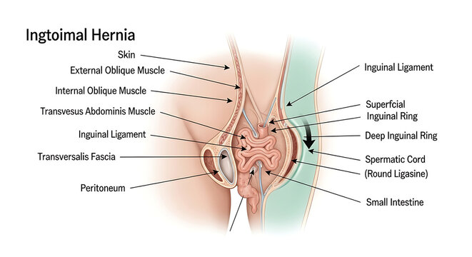 Detailed anatomical illustration of inguinal hernia with labeled structures.