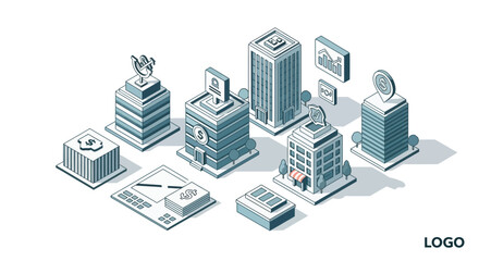 Isometric illustration of various modern buildings and architectural elements, representing a cityscape or business district.