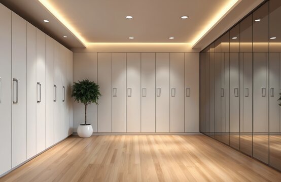 Clean minimalist locker room interior with white cabinets and wood floor. Mirror wall reflects rows of doors. Potted plant adds touch of nature.
