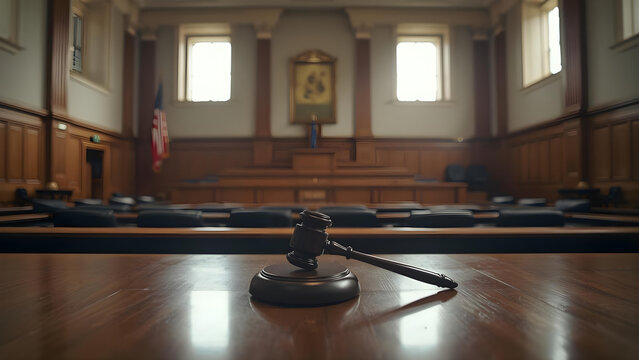Judge's gavel on courtroom table indoors