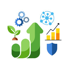 Green arrow with business growth symbols.