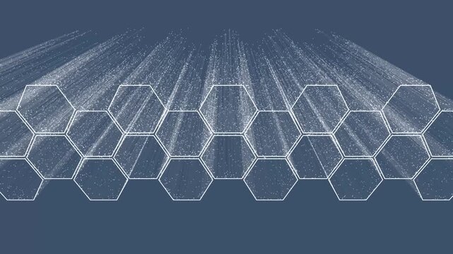 Symmetrical hexagonal outlines anchored by vertical light rays and particles against a blue background.