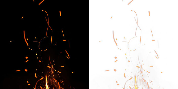 Floating fire embers isolated on black background, glowing burning coal particles, hot ash sparks drifting in air, combustion ember particles effect for fire, campfire and heat visuals