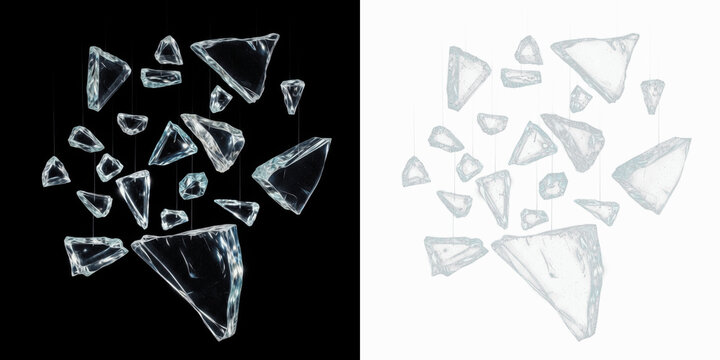 Transparent glass shards floating isolated on black background, shattered glass fragments suspended in air, broken glass pieces scatter effect for impact, destruction and crash visuals