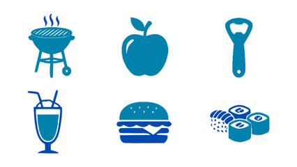 Restaurant food icons including burger, milkshake, barbecue grill, apple, and sushi.