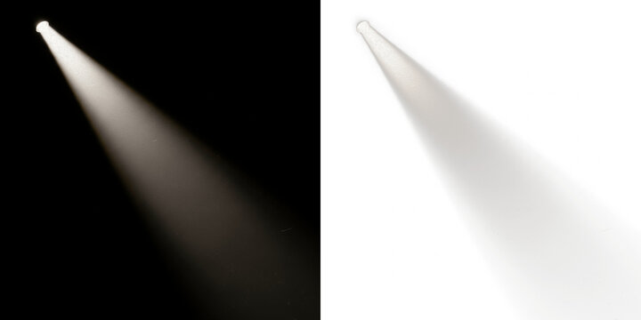 Light beam spotlight isolated on black background, dramatic stage spotlight ray, theater illumination beam cone, studio lighting spotlight effect element for performance and presentation visuals