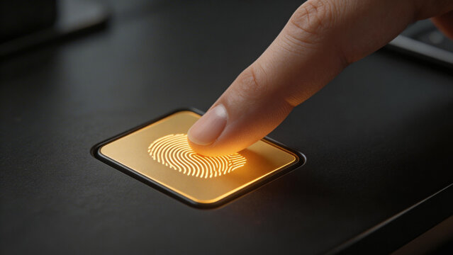 Close up of finger on illuminated biometric fingerprint reader. Digital identity verification