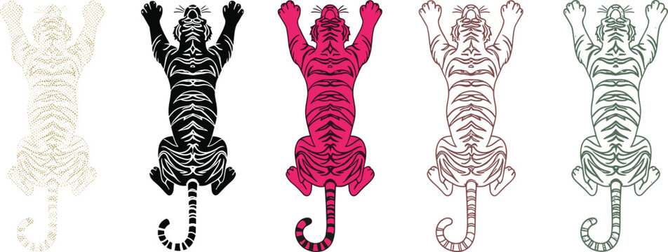 Tiger rug vector illustrations, hand drawn doodles, minimal line art, solid silhouettes, animal skins, jungle wildlife decor, exotic feline.