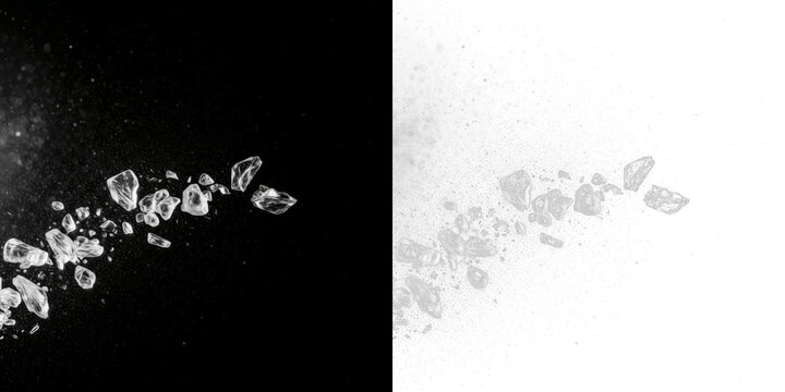 Shattered ice particles isolated on black background, frozen ice shard fragments explosion, broken ice crystal debris scatter, cold ice break effect element for winter and freezing visuals