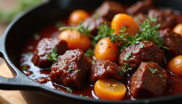 Rich beef stew with small orange vegetables simmers in dark sauce. Tender meat chunks are seasoned with fresh green herbs. Comforting dish served in cast iron pot.