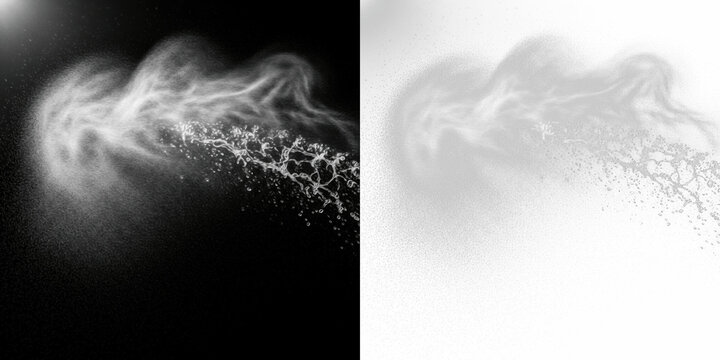 Water mist spray isolated on black background, fine liquid spray droplets cloud, atomized water vapor particles, refreshing water mist effect element for beverage and freshness visuals