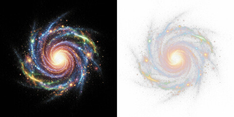 Bright stardust swirl isolated on black background, glowing cosmic dust spiral, sparkling galaxy particle trail, magic star dust swirl effect, fantasy glitter particles spiral for space and magical de © Margary