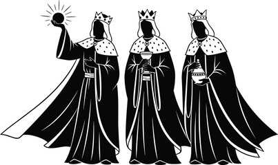 Black silhouette of the three wise men kings carrying gifts for Christmas nativity scene and religious holiday concept
