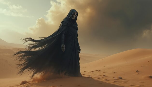 Grim Reaper stands in a barren desert landscape. Skeletal figure in dark cloak with flowing fabric. Arid sand dunes stretch under a stormy, overcast sky. Represents death, fate, and desolation.