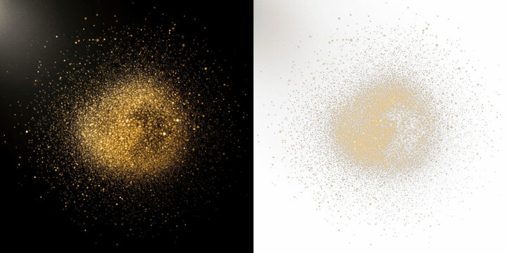 Golden glitter explosion isolated on black background, gold sparkle burst particles, shimmering glitter blast effect, luxury golden dust explosion, festive glitter burst element for celebration design