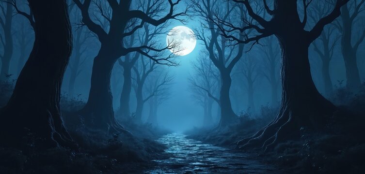 Mysterious misty forest path under full moon. Tall gnarled trees cast long shadows. Blue eerie light illuminates spooky woodland scene. Path leads into darkness. Suitable for fantasy horror.