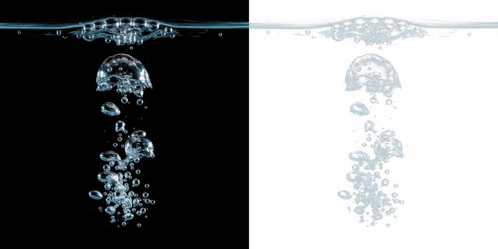 Crystal clear water bubbles rising isolated on black background, floating liquid spheres, transparent water droplets ascending, bubble particle effect for aquatic, beverage, and macro visuals