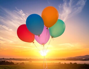 Fototapeta premium Bunch of colorful balloons float against a sunrise