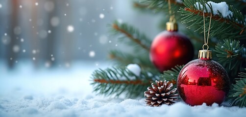 Obraz premium Red Christmas baubles hang on snowy pine branches with pinecone. Festive winter scene perfect for holiday cards and New Year greetings. Cozy, bright, sparkling, festive, magic.