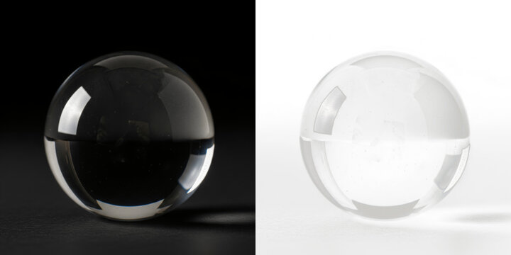 Transparent glass sphere isolated on black background, clear glass orb, floating crystal ball, reflective transparent sphere, elegant glass object for luxury, abstract, and design visuals