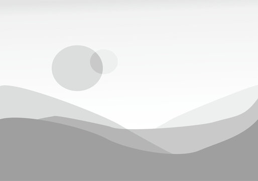 Minimal abstract landscape background with grey sun and layered hills modern geometric nature design with copy space