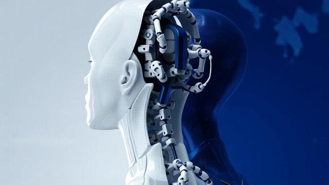 Human and humanoid robot profiles blending across a clean split background, symbolizing AI integration, future technology, and harmony between humanity and machines in cinematic 4K footage.