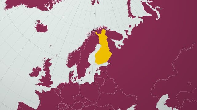 Finland map. Animated zoom into the country on the Globe in Pale Mint Dark Pink color palette. Country logo animation with round text and airplanes. Map with meridians, parallels. Charming video.