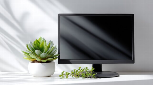 Modern Computer Monitor with Green Plant