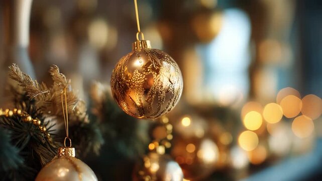 Golden Christmas Ornaments Hanging on Tree Branches.