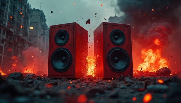 Two red speakers blast sound with intense fire and smoke. Debris flies through air near urban buildings. Intense audio experience, powerful sound effect for parties or concerts.